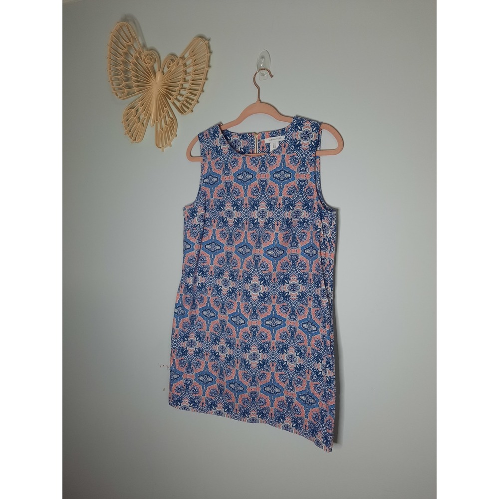 Tabitha Webb Blue Pink Paisley Sleeveless Shift Dress Mini Gold Zip Back Size 8